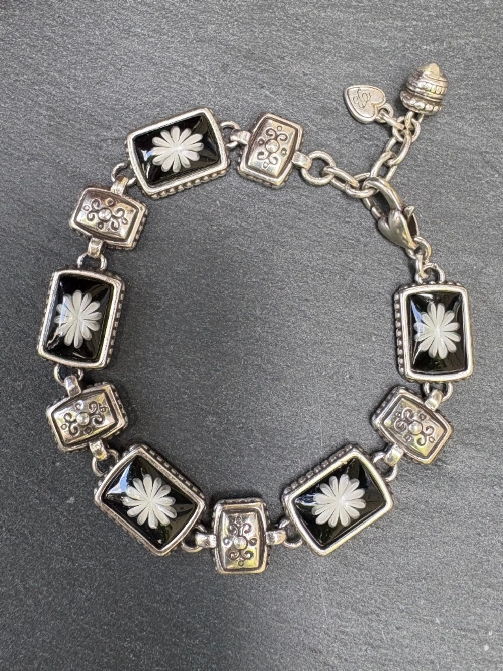 Brighton Retired Water Lily Black Enamel Carved Flower Silver Link Bracelet